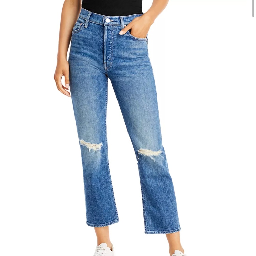 MOTHER Straight Leg Ripped Mid Blue Jeans